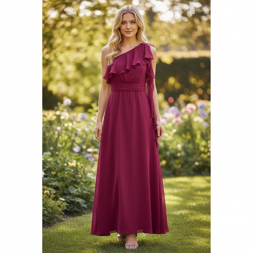 Magenta One Shoulder Chiffon Formal Gown Lace Up Back Bridesmaid Dress Size 20